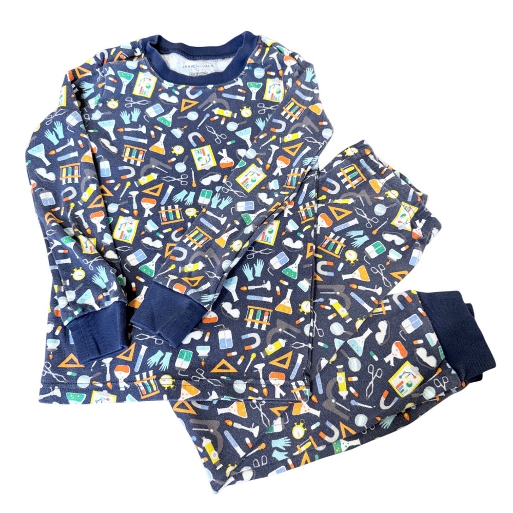 Janie and Jack Kids Navy Blue Science Lab STEM Print Cotton Pajama Set Size 6
